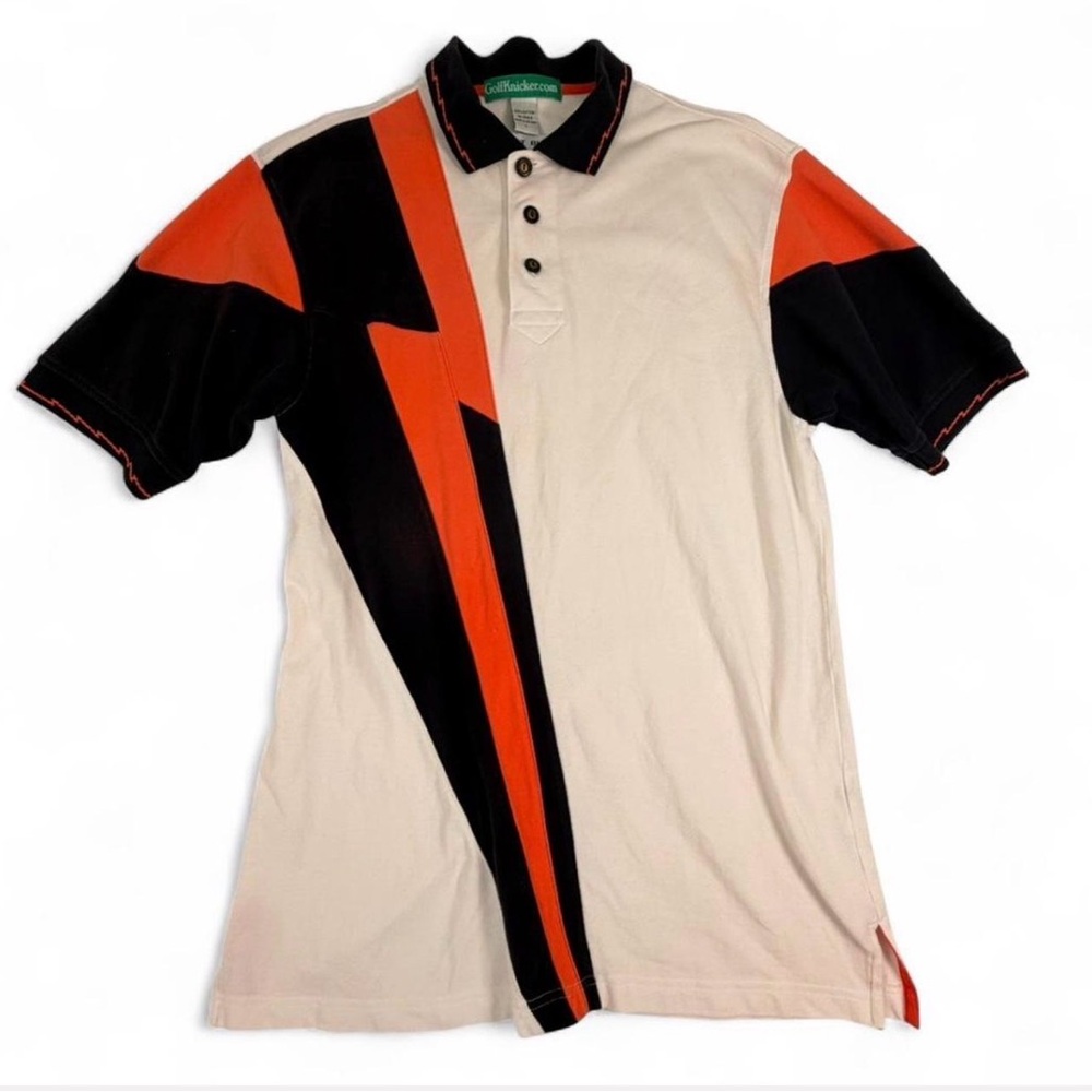 Vintage Men's Short Sleeve Polo Shirt in White Black & Orange Geometric Design